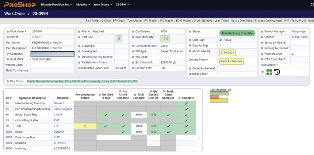 The ProShop work orders include Tool Lists, Work Instructions, CNC programs and other details related to each operation, along with machine set up and run times. All information related to the part is accessible through the digital interface.